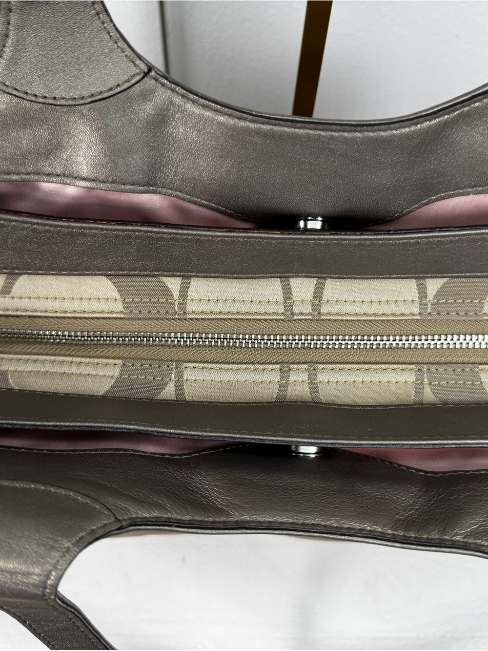 Coach F18828 Signature Satin Pleated Tote Shoulder Bag Pewter Bronze - Picture 5 of 16